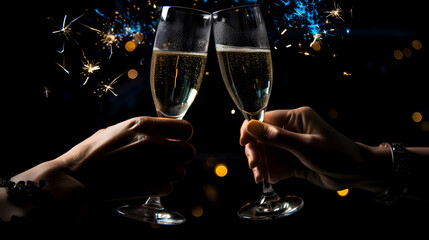 Two people clinking glasses with champagne at restaurant