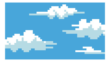 Pixel art clouds landscape background . cloudy skies Retro 8 bit 16 bit blue sky aerial cloud pixel art background vector illustration