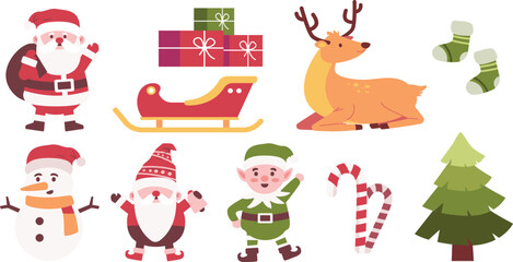 Christmas Vector Characters Set. santa claus, gift, stocking, sleigh, reindeer, candy cane, dwarf, elf, tree, snowman. cute christmas character, christmas element, Vector Illustrations.