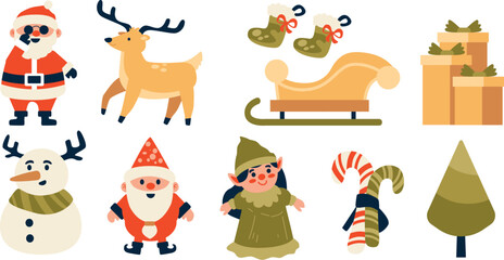 Christmas Vector Characters Set. santa claus, gift, stocking, sleigh, reindeer, candy cane, dwarf, elf, tree, snowman. cute christmas character, christmas element, Vector Illustrations.