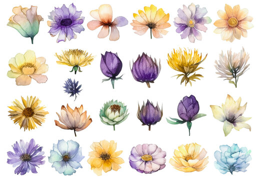 Vector watercolor painted flower. Hand drawn flower design elements isolated on white background.