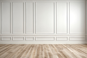 White decorative panel interior wall and wooden floor. 