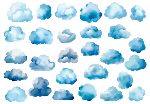 Vector watercolor painted blue clouds. Hand drawn design elements isolated on white background.