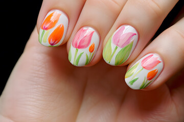 Woman's short fingernails with beautiful spring themed nail polish with tulip flower art deisgn