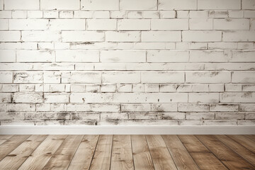 White painted brick interior wall and wooden floor. 
