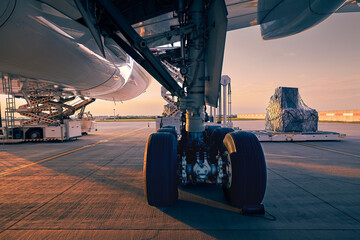 Landing gear of large plane. Preparation cargo airplane before flight at beautiful sunset. Unloading and loading of freight containers at airport... - 676783767