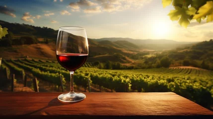 Fototapeten Glass of red wine on wooden table with vineyard in the background. Winemaker concept. © Chrixxi