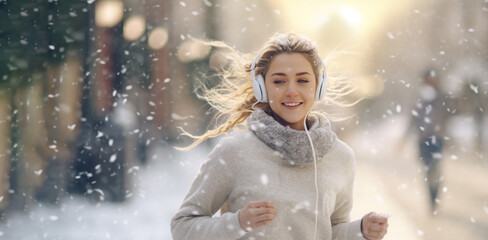 Young beautiful cheerful smiling woman dressed in warm clothes jogs on a winter sunny day. Snowing weather. Sport, positive emotions. Winter running. Healthy lifestyle. Fitness.  Generative ai content - obrazy, fototapety, plakaty