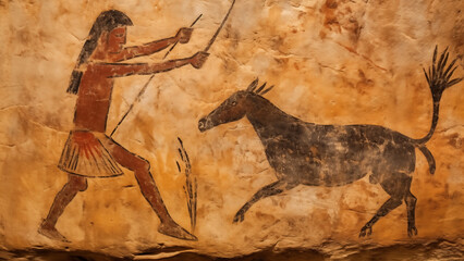 Ancient cave paintings of cavemen hunting animals