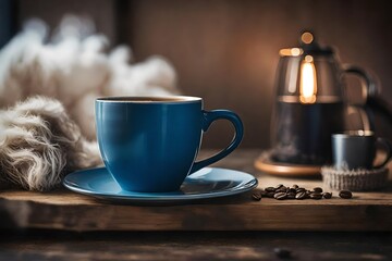 blue and beige coffeecup  presentation template , wooden surface and soft wool plaid , relaxing ambiance and steaming coffe