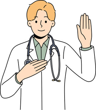 Doctor pronounces hippocratic oath and puts hand on heart, promising to follow medical rules