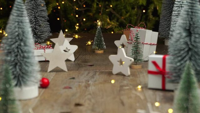 Christamas background, ornaments on old wooden floor, camera motion