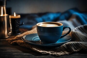 warm cup of coffe and soft fluffy wool plaid on a rustic wooden surface , blue and beige tones