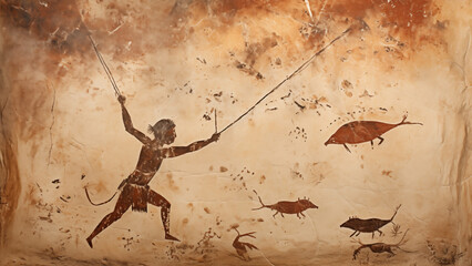 Ancient cave paintings of cavemen hunting animals - obrazy, fototapety, plakaty
