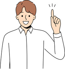 Happy man raises finger and says there is idea or advice to solve difficult problem.