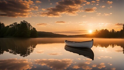 A rowboat floating on a tranquil lake at sunset, with reflections of the sky mirrored on the water