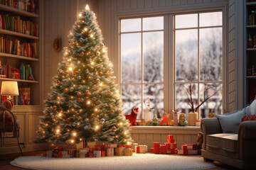 toys near Christmas tree in large living room,