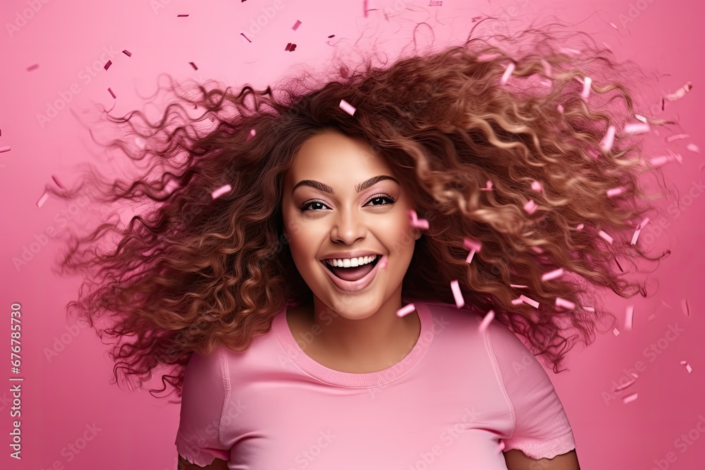 Wall mural Portrait of positive emotion smiling beauty woman on studio lighting isolated pink background.