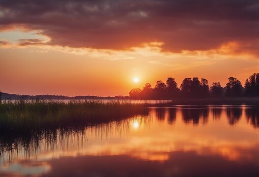 An image of a vibrant sunset over a serene lake with colorful reflections shimmering on the water