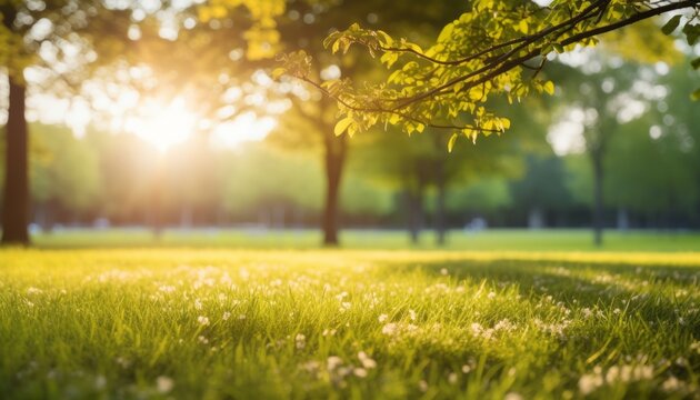 Vibrant spring scene with lush green grass, easter concept, and copy space for design