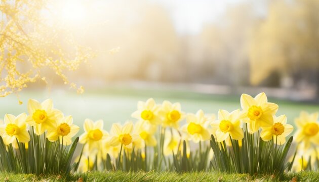Joyous spring scene with lush green grass, easter symbolism, and copy space for celebrations.
