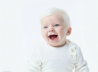 Albino baby laughing, isolated on white background - obrazy, fototapety, plakaty