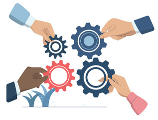 Successful teamwork, Business cooperation to solve problems, Driving the concept of efficient work processes in an organization or company, The hands of a business team move the gears together.