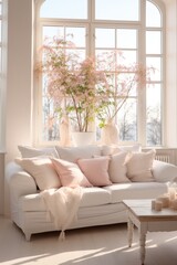 Fototapeta na wymiar Sunny living space featuring comfortable sofa adorned with pink cherry blossoms in a clear vase by the window