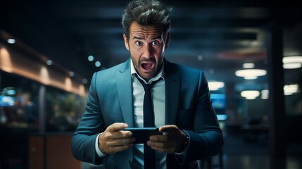 Portrait of a business man with an expression of strong surprise on his face looks at the smartphone - obrazy, fototapety, plakaty
