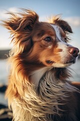 Close-up portrait of a brown dog with windswept fur showcasing its gentle expression against a natural background