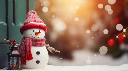 christmas greeting card snowman with scarf and silk hat outside the door
