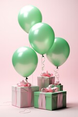 Celebratory composition with mint green balloons and matching pink wrapped gift boxes
