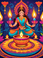 Diwali Celebration illustration with beautiful woman holding glowing candle, shubh deepavali.