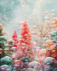 A dreamy pink christmas tree stands out against a backdrop of whimsical soap bubbles and serene blue sky