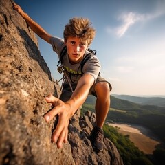 young climber climbing a mountain