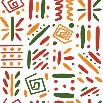African ethnic tribal seamless pattern background. Vector red, yellow, green abstract symbols, square repeat lines backdrop for Black History Month, Juneteenth, Kwanzaa print, banner, wallpaper