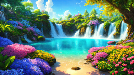 A beautiful paradise land full of flowers, rivers and waterfalls, a blooming and magical idyllic Eden garden.