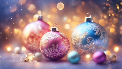 Christmas background with shiny balls, Christmas tree and blurred lights.