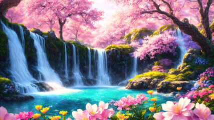 A beautiful paradise land full of flowers,  sakura trees, rivers and waterfalls, a blooming and magical idyllic Eden garden - obrazy, fototapety, plakaty