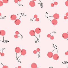 Red cherries on a pink background seamless pattern fruit background for printing, wallpaper decoration vector illustration