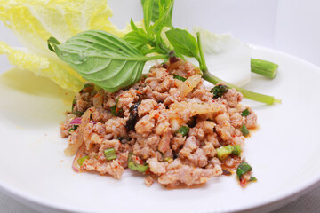 Larb minced pork Thai food with vegetables