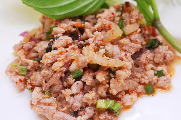 Minced pork larb, Thai food with vegetables Close-up shot from a 75 degree angle
