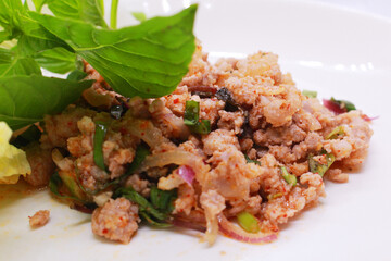 Minced pork larb, Thai food with vegetables Close-up shot from a 35 degree angle