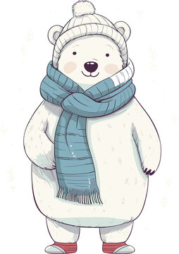 Hand drawn cute vector polar bear in winter clothes. cartoon illustration