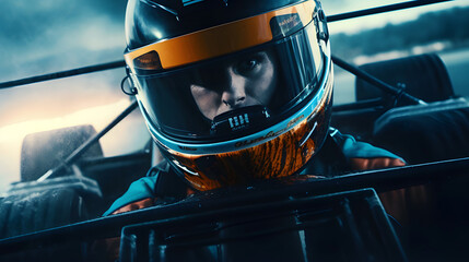 Formula one racer driver face wearing helmet close up
