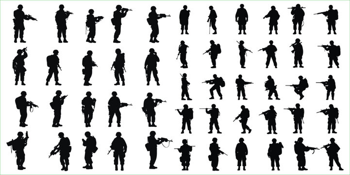 Soldier silhouette icon set, Soldier and army force silhouette collection