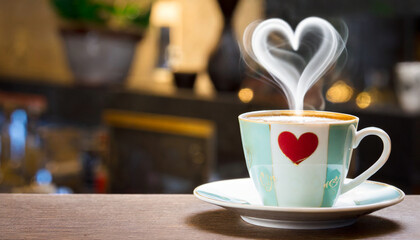 Fototapeta premium Coffee cup with heart-shaped steam on a bar table