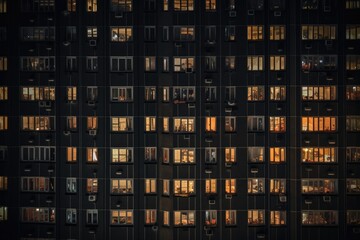 Dark windows in building at night, AI generated