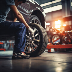 Technician man changing car tyres in auto repair service center. - obrazy, fototapety, plakaty