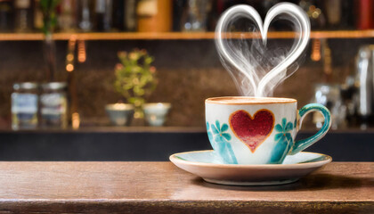 Coffee cup with heart-shaped steam on a bar table